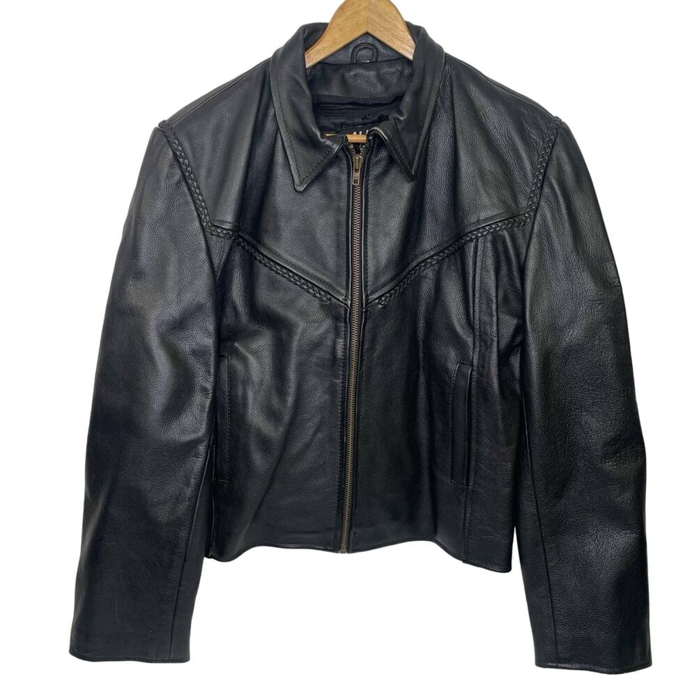 All State Leather Jacket Vintage Coat Biker Moto Zip Up 90s Quilted Lining